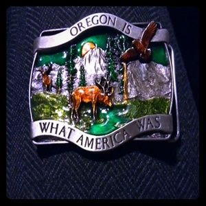 Brass and enamel vintage belt buckle. From 1981